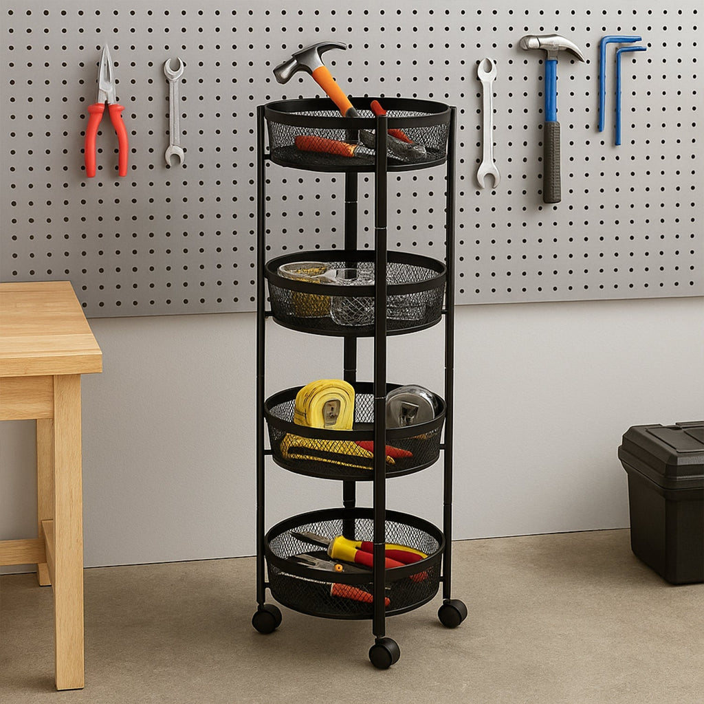 4-Layer Round Metal Folding Storage Trolley with Mesh Baskets and Wheels – Multi-Purpose Organizer Rack (1 Pc)